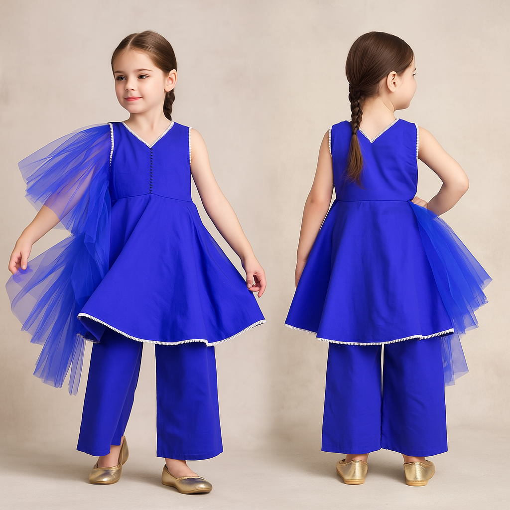 Pre Order: Royal Blue Kurti And Palazzo With Net Dupatta