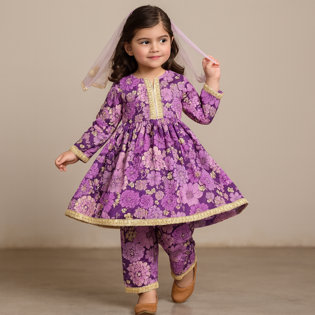 Pre Order: Purple Floral Printed Kurti With Matching Pant And Dupatta
