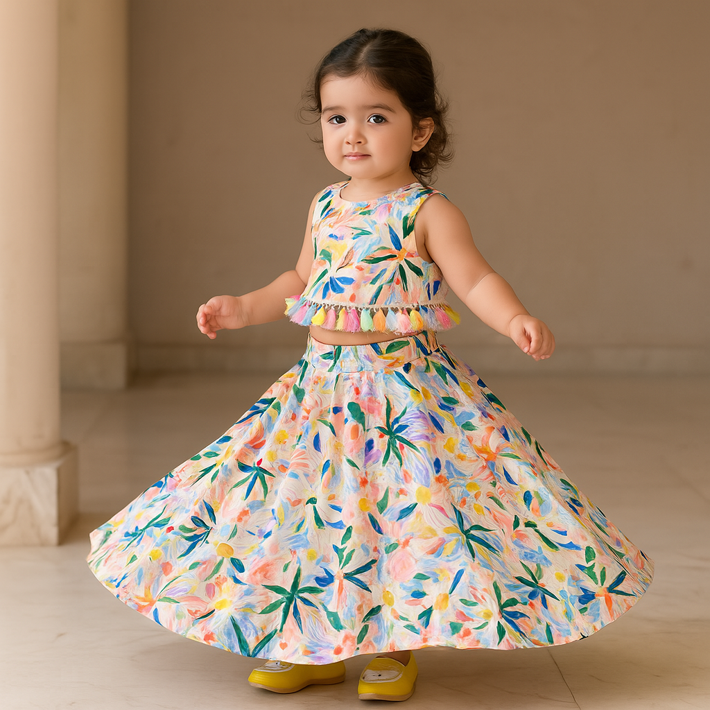 Pre Order: Printed Top With Hanging Tassels And Skirt