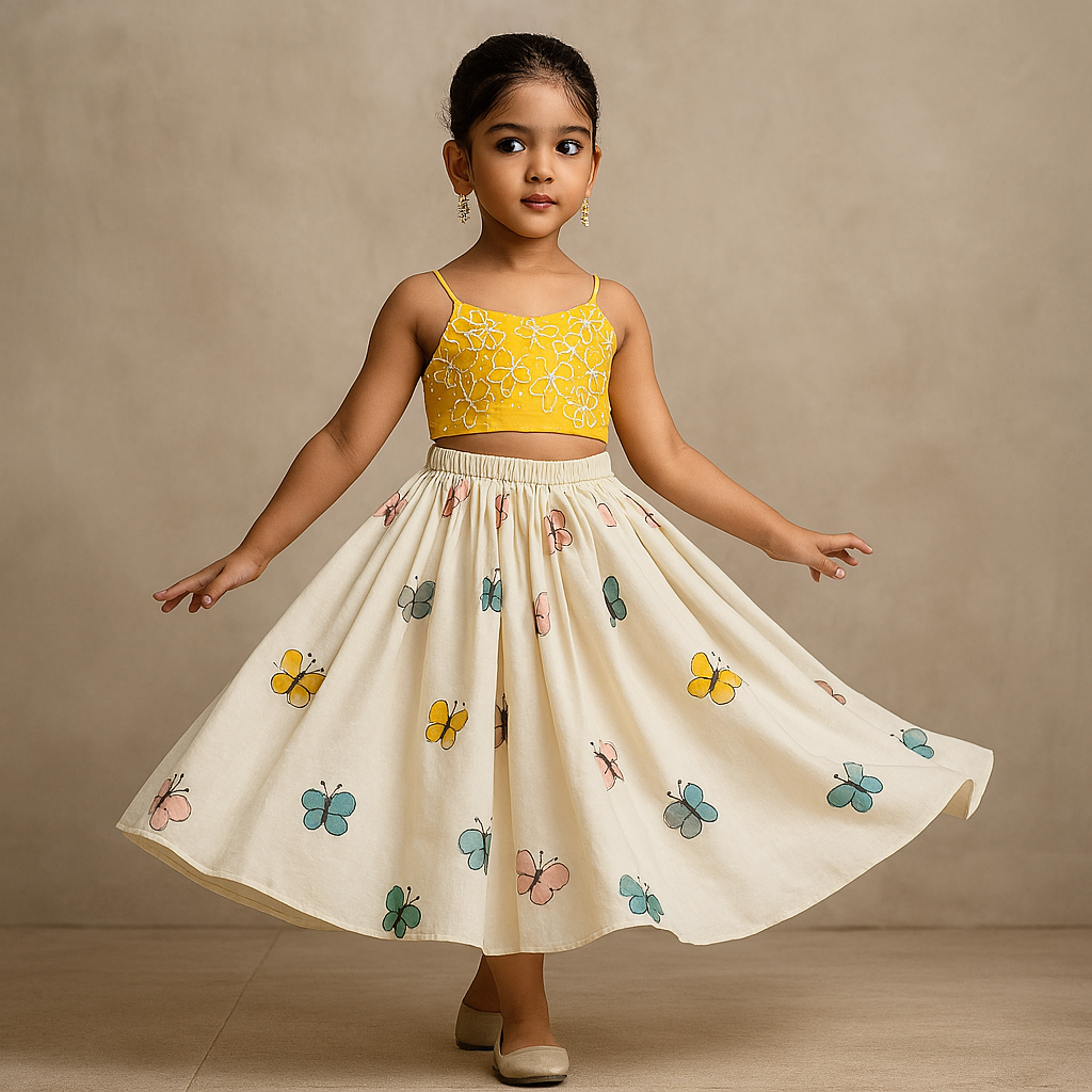 Pre Order: Butterfly Embroidered Strappy Yellow Top And Flared Lehenga