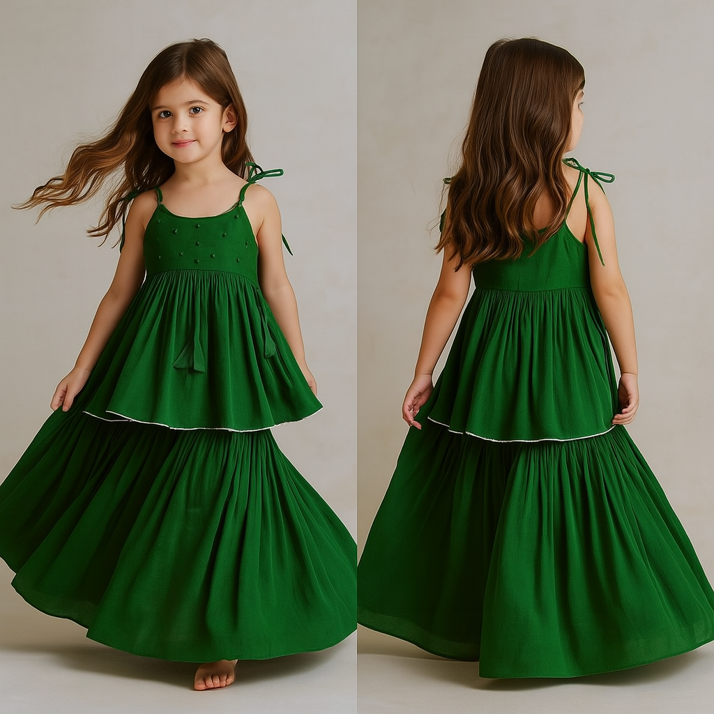 Pre Order: Bottle green Potli Buttons Detail Top And Sharara With Dupatta