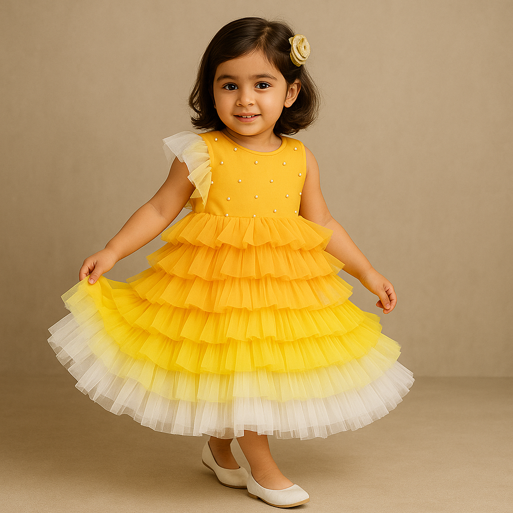 Pre Order: Exquisite Mustard Yellow Floral And Pearl Embellished Ruffled Gown