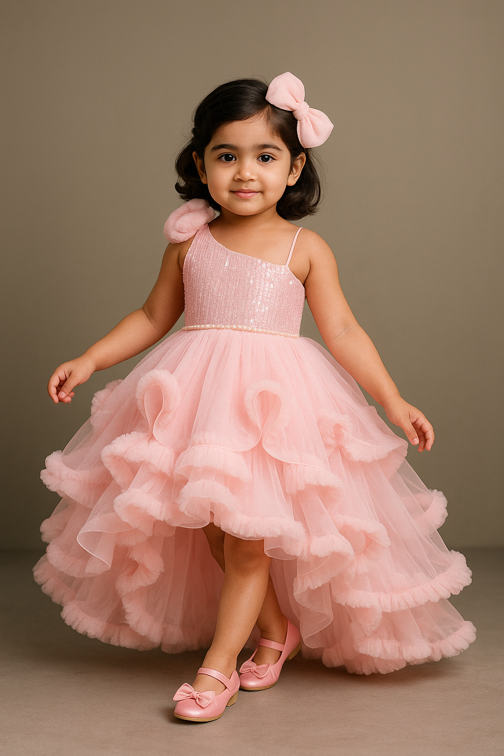 Pre Order: Sequins Embellished One Shoulder Frilly Layered Asymmetric Party Wear Gown