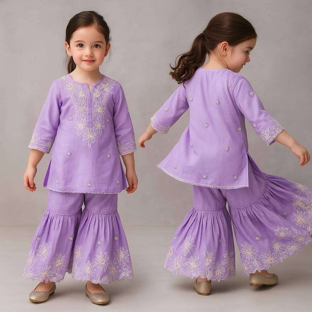 Pre Order: Lilac Front Placket Kurti And Pleated Sharara With Net Dupatta