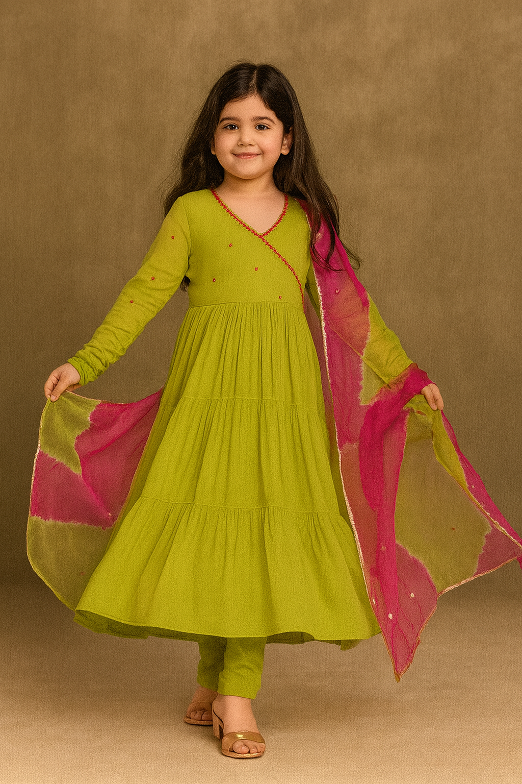 Pre Order: Green Tiered Anarkali Suit Set