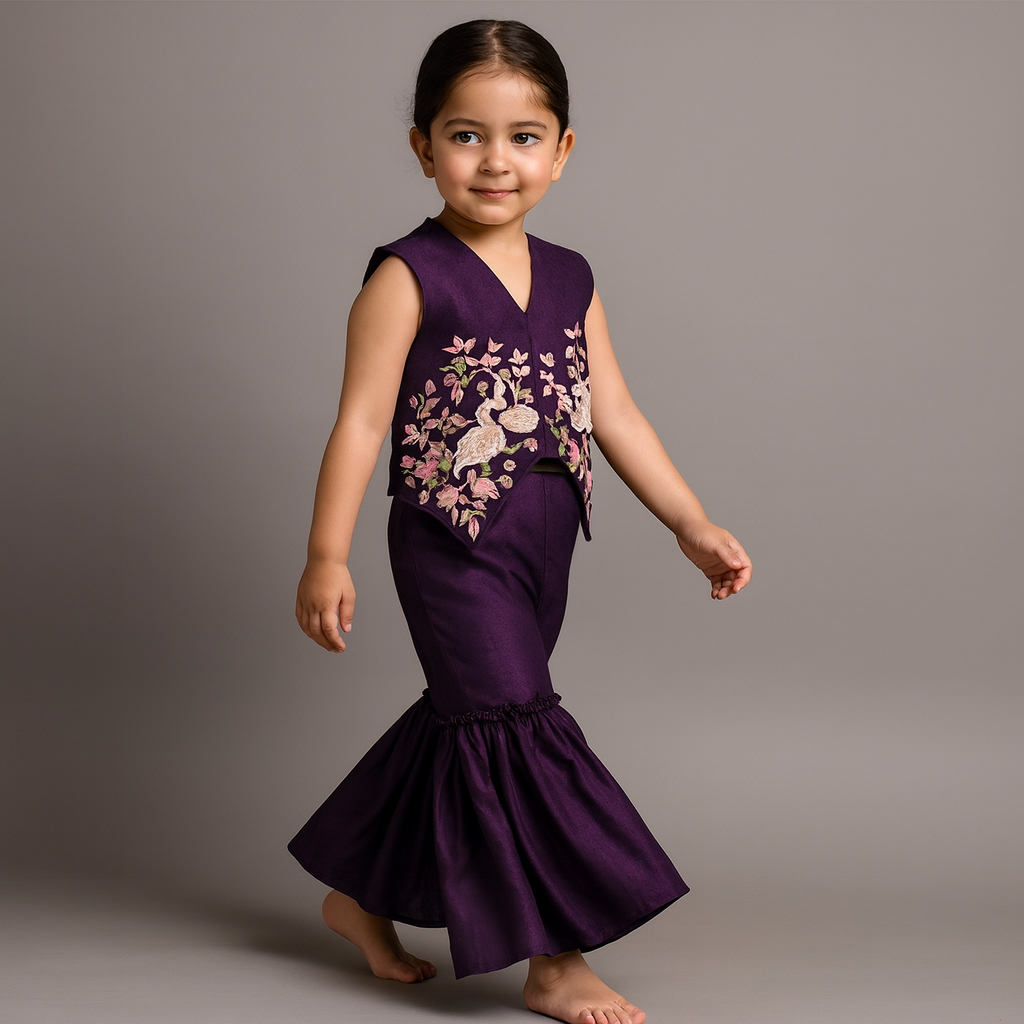 Pre Order: Purple Swan Embroidered Vest Top With Sharara