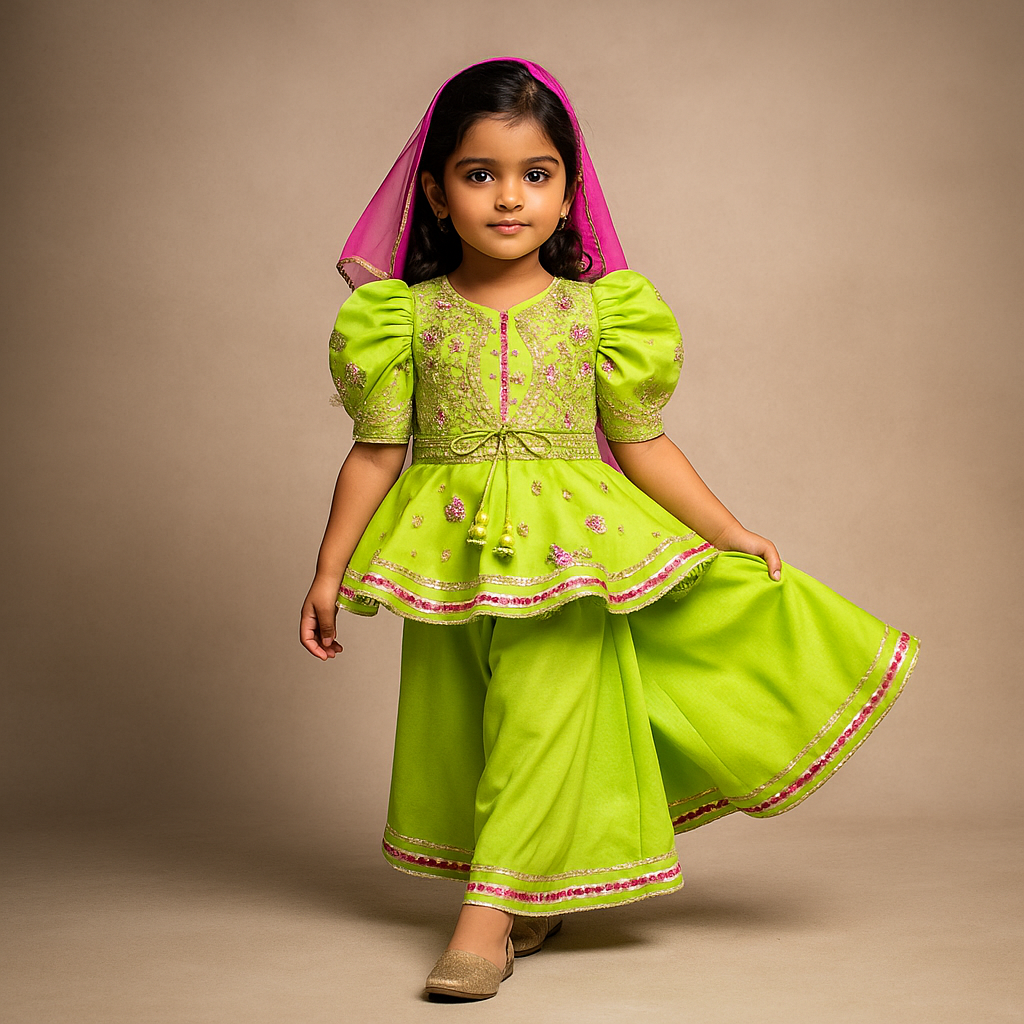 Pre Order: Embroidered Kurti And Flared Palazzo With Net Dupatta