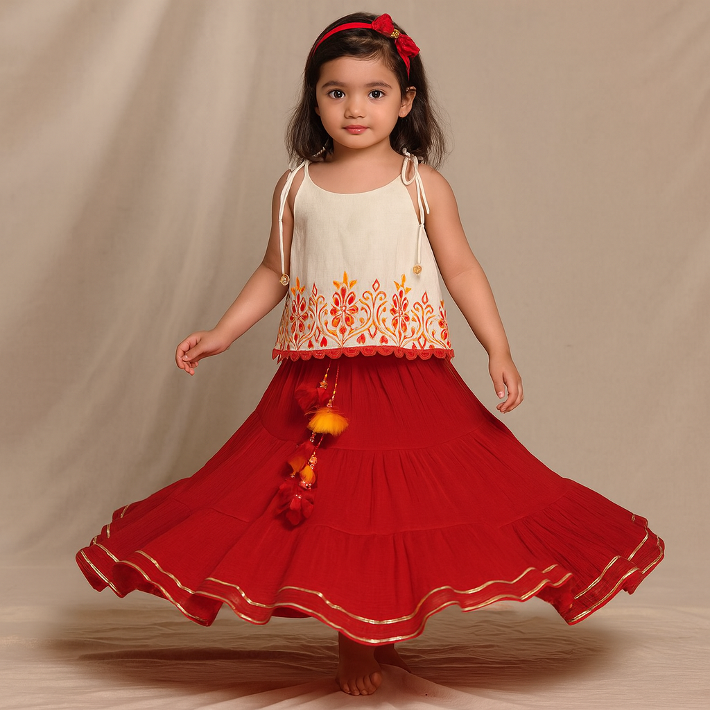 Pre Order: Tie Up Strappy Embroidered Top With Tiered Lehenga