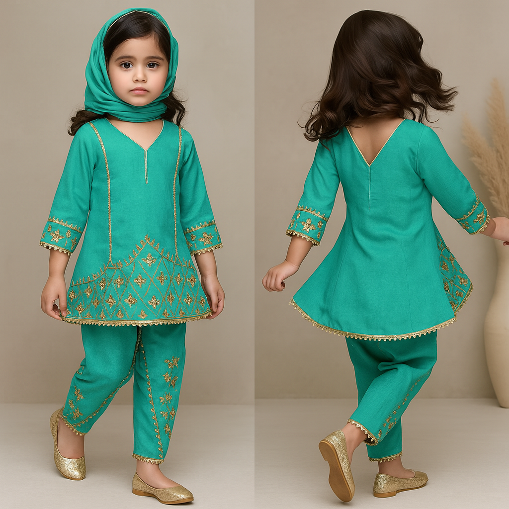 Pre Order: Teal Blue Beautiful Gota Work Top And Dhoti Style Pant With Matching Dupatta