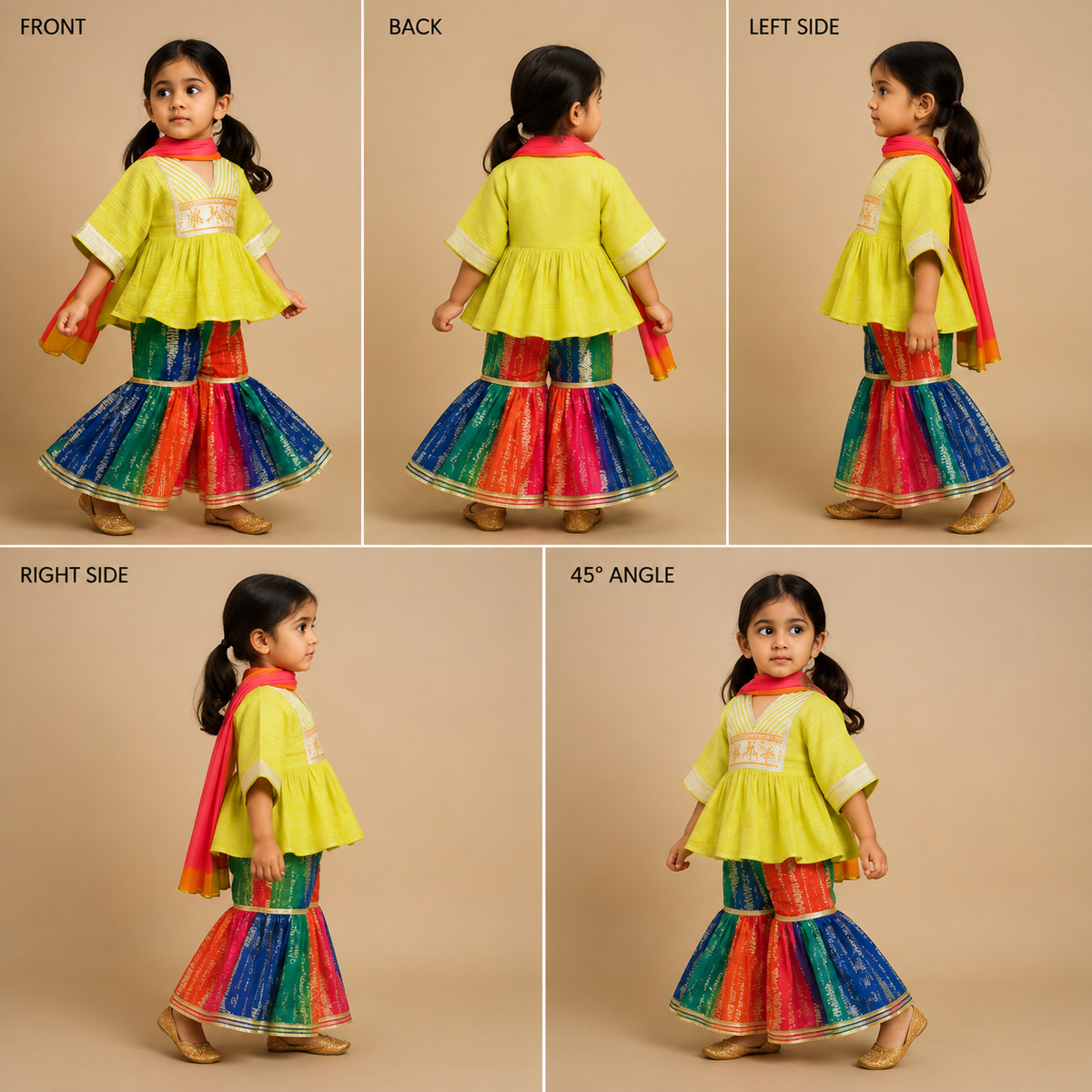 Pre Order: Green Shibori Printed Embellished Kaftan Top And Multicolour Sharara With Dupatta