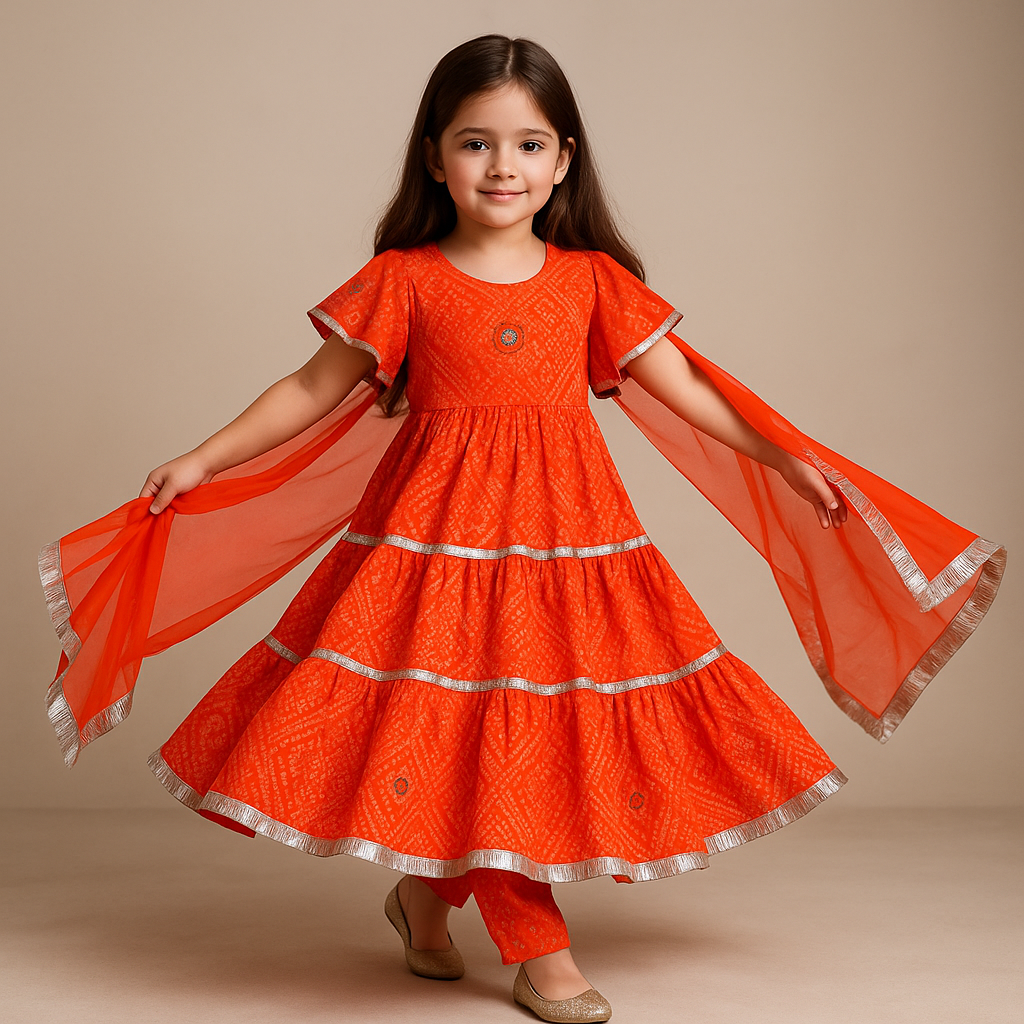Pre Order: Orange Bandhani Anarkali Set