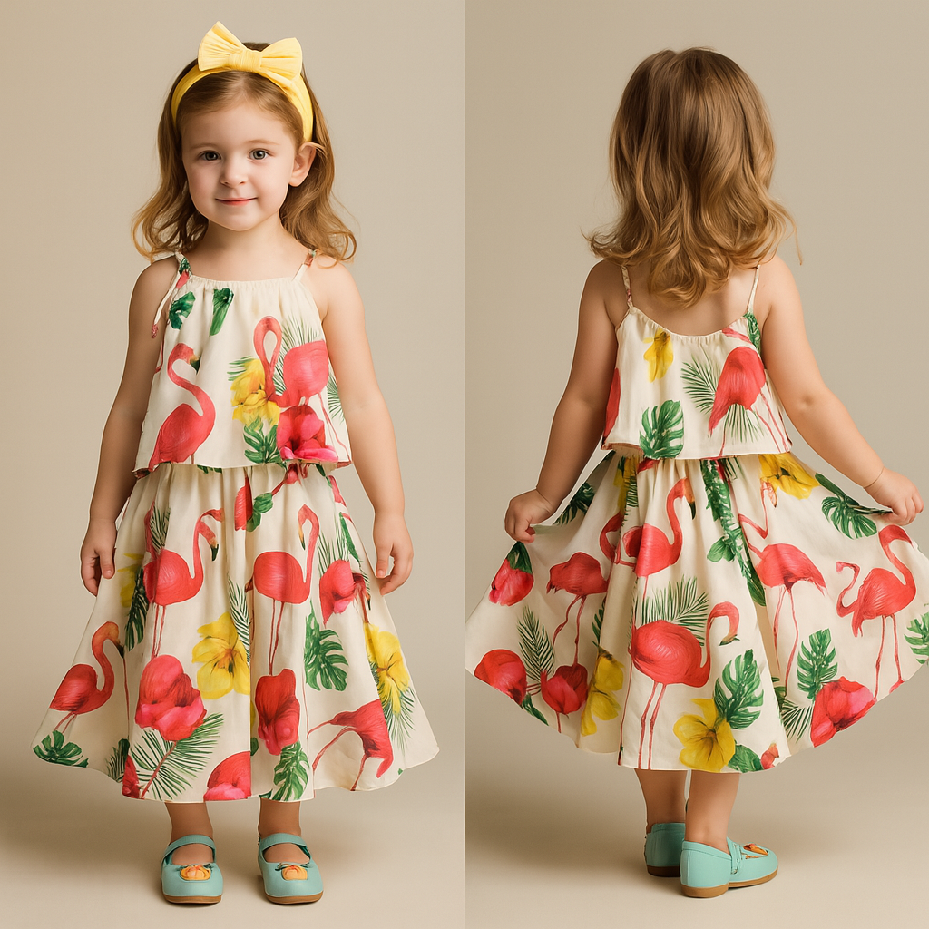 Pre Order: Flamingo Printed Top And Lehenga