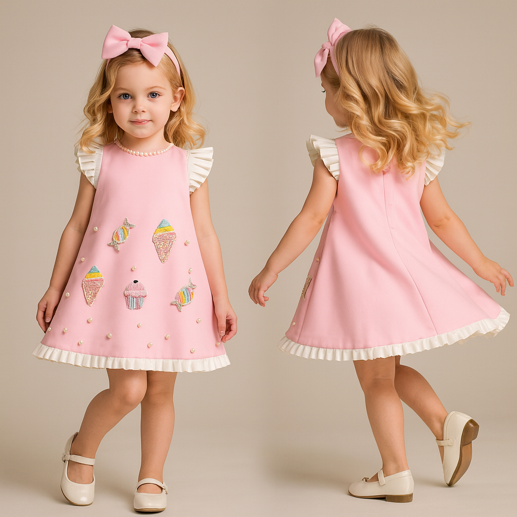 Pre Order: Cute Candy Embroidered Baby Pink Dress