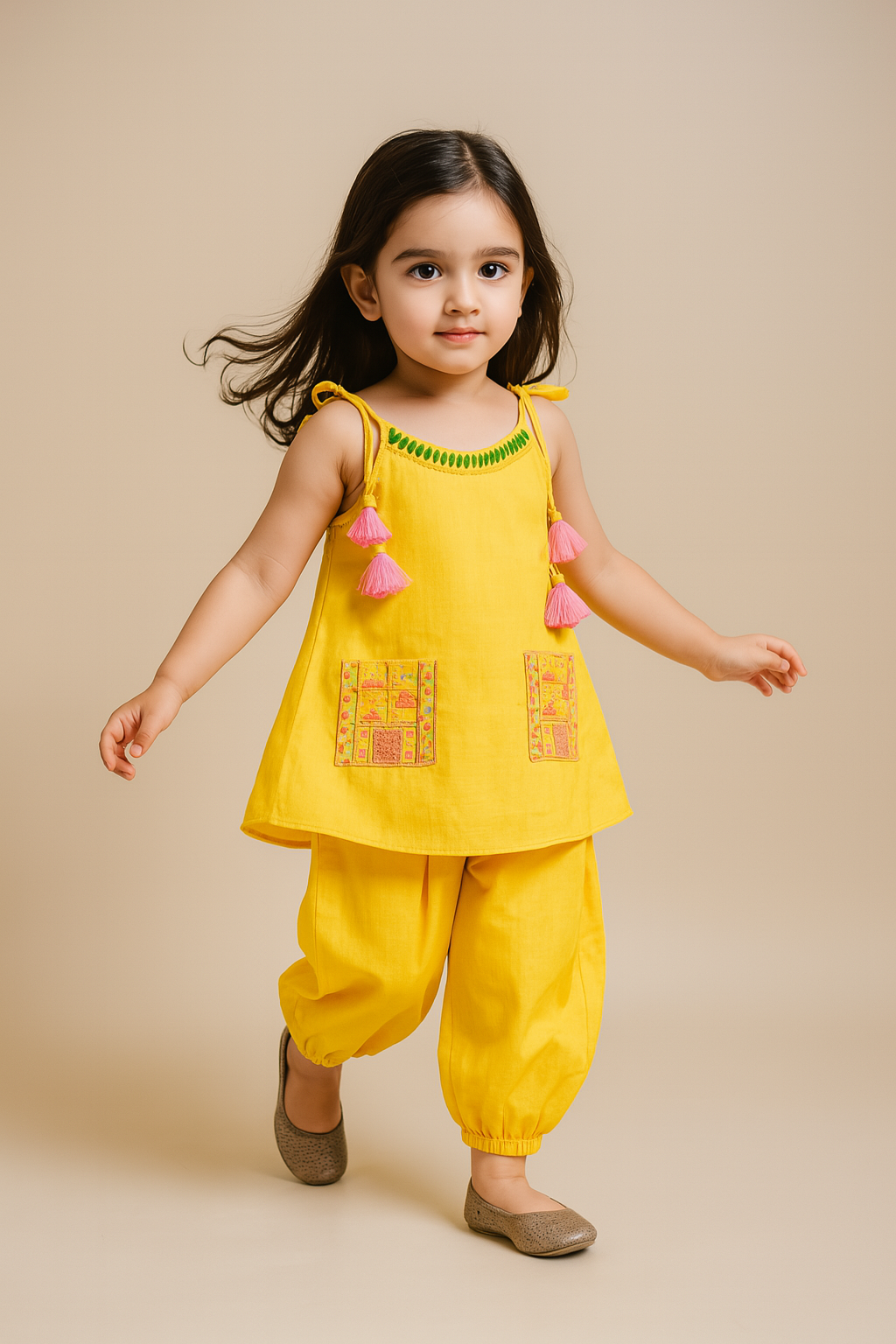 Pre Order: Yellow Thread Embroidered Neckline Strappy Kurti With Patiala