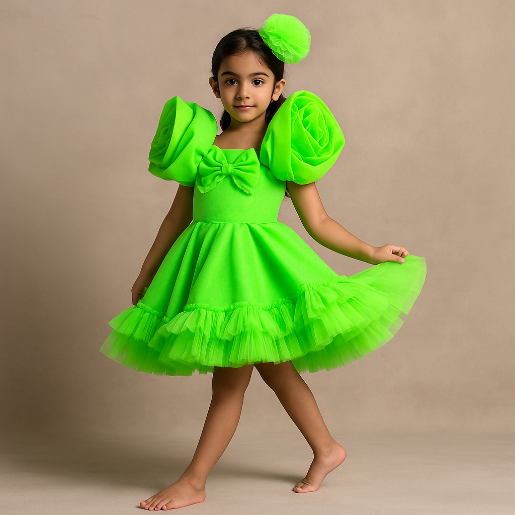 Pre Order: Elegant Green Rosy Sleeves Dress