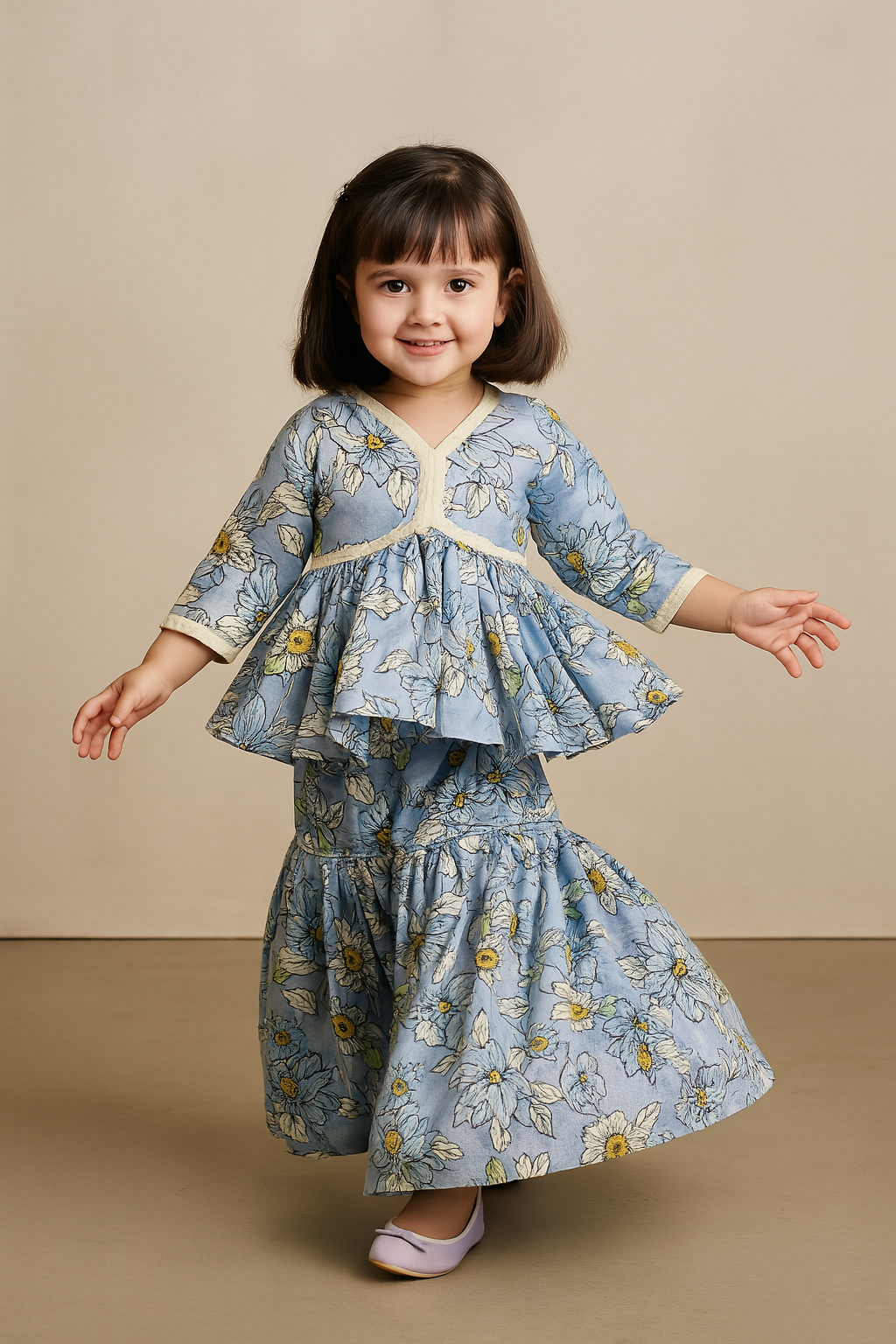 Pre Order: Blue Printed Peplum With Sharara