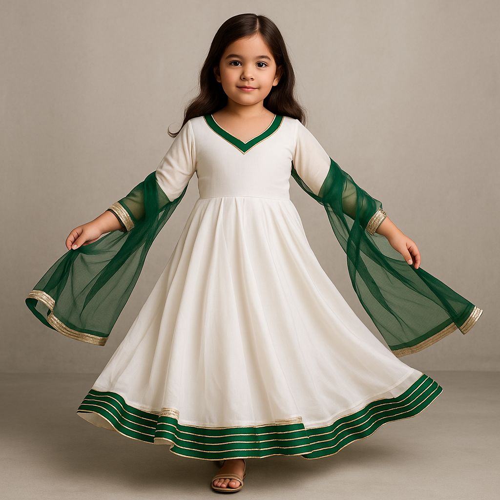 Pre Order: White And Green Anarkali Set