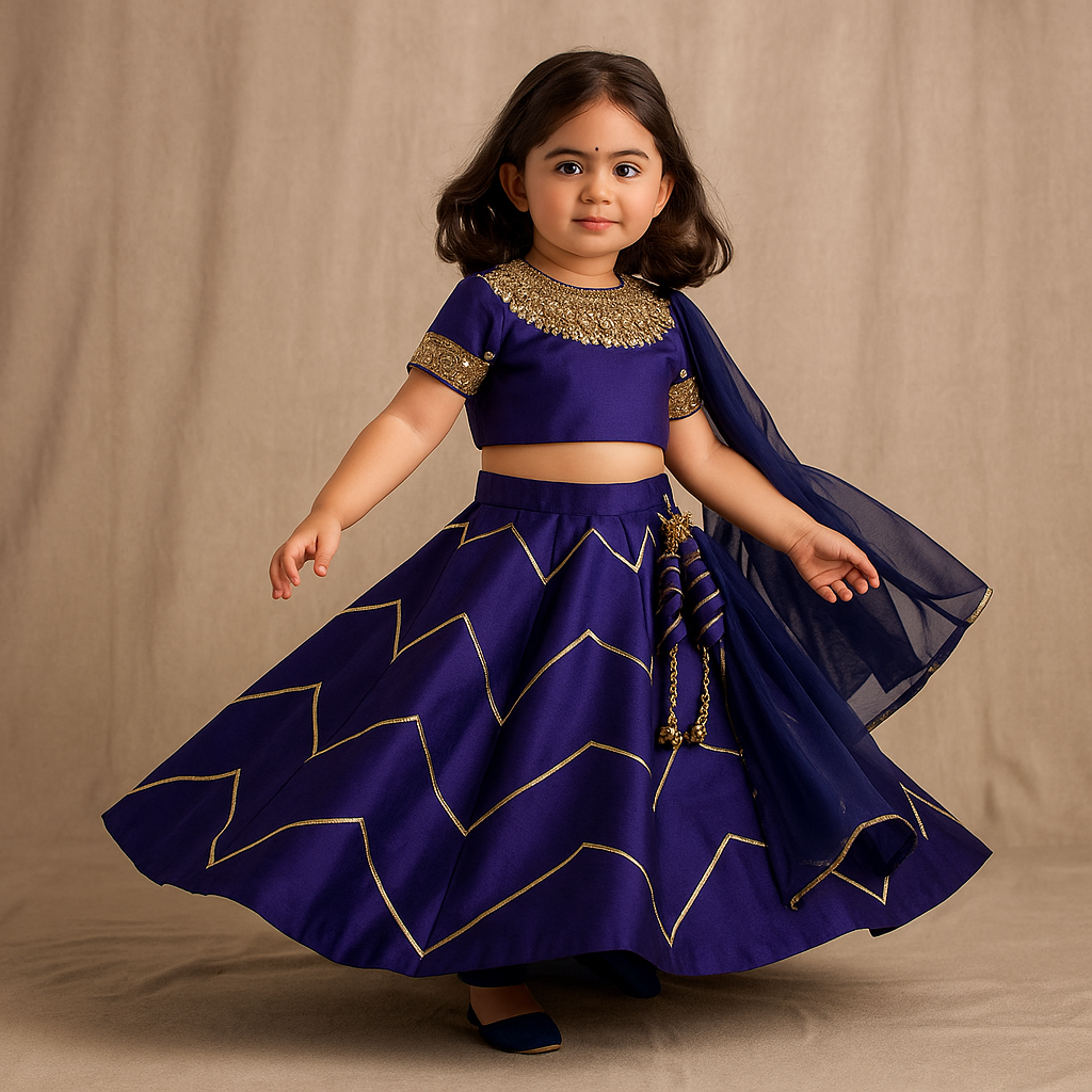 Pre Order: V Cut Back Embroidered Purple Top And Gota Lace Detail Lehenga With Matching Checks Dupatta