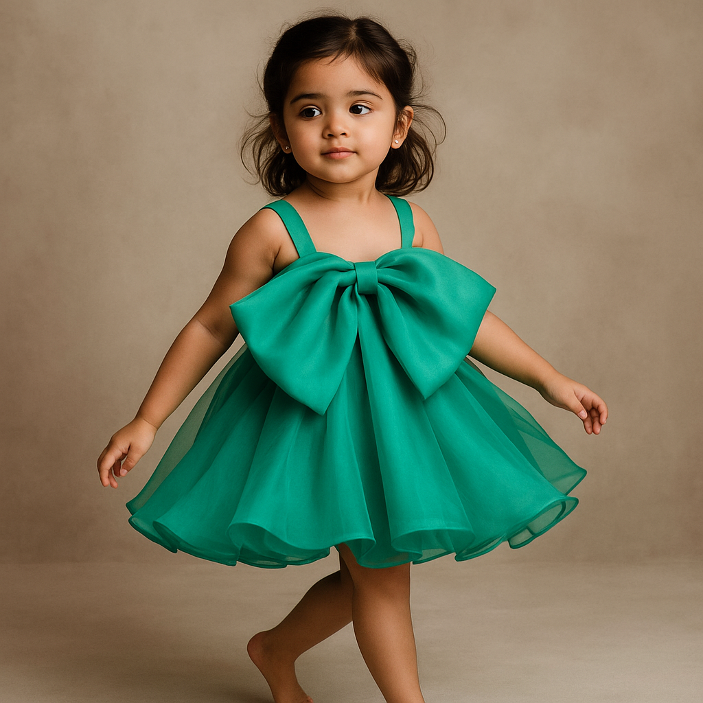 Pre Order: Oversized Bow Organza Rama Green Strappy Dress
