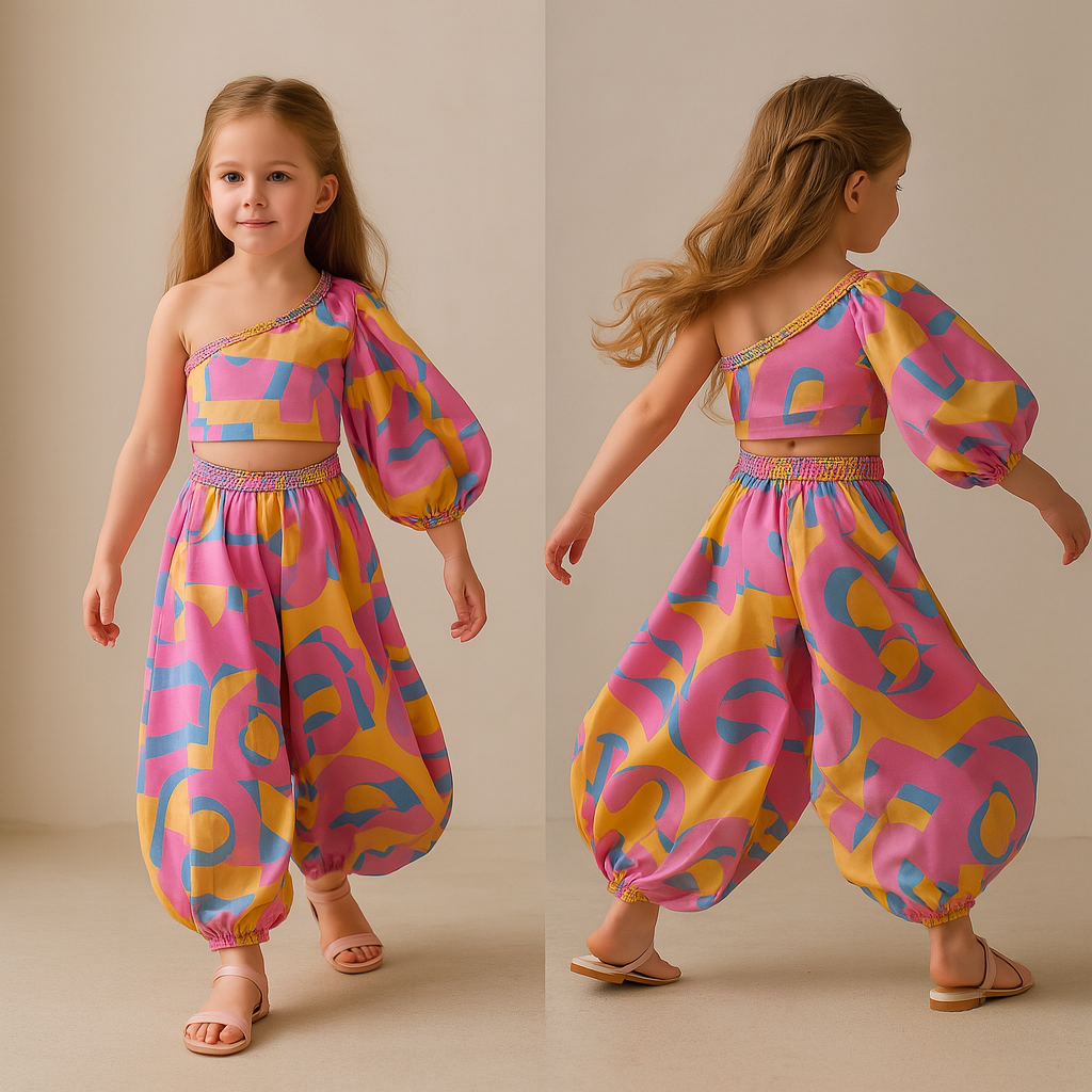 Pre Order: Abstract Printed One Shoulder Top And Cowl Pant With Matching Hair Band