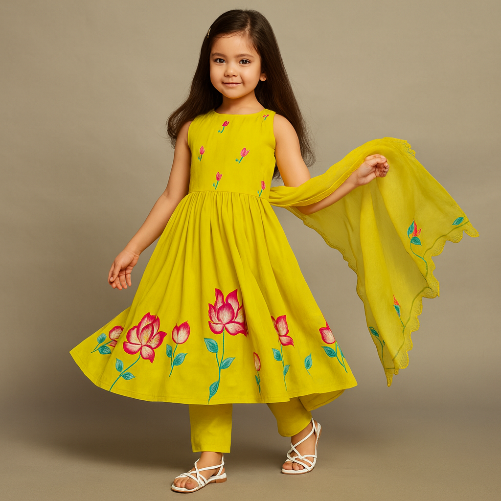 Pre Order: Green Hand Painted Anarkali Suit Set
