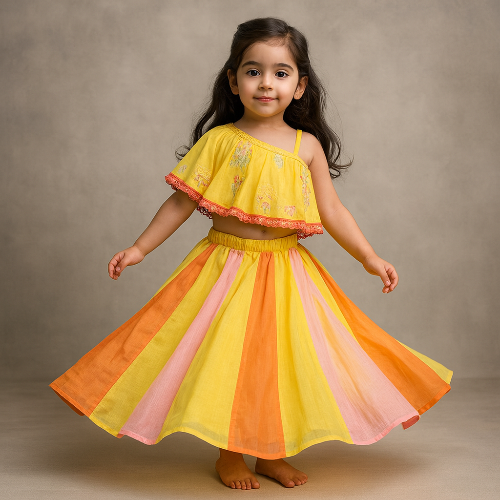 Pre Order: Thread Embroidered One Shoulder Top With Multicolour Lehenga