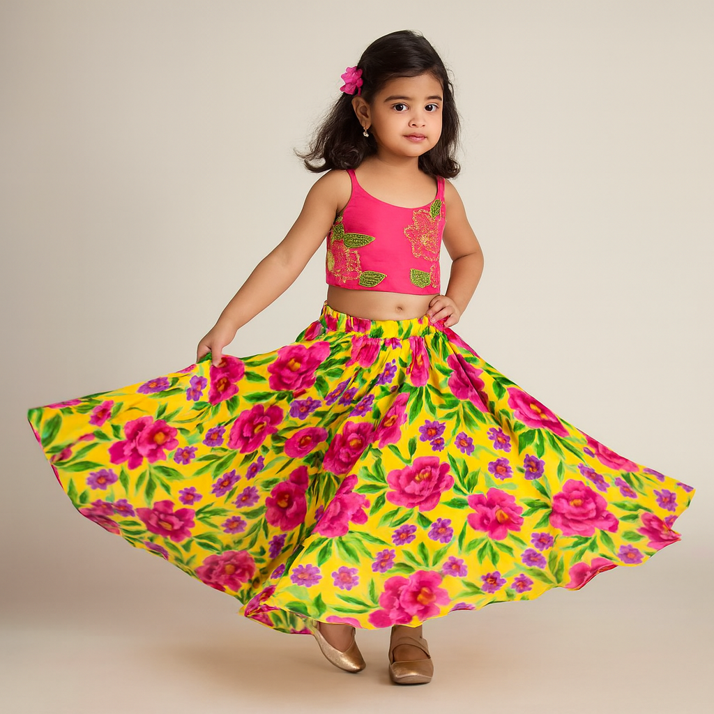 Pre Order: Beautiful Pink Embroidered Top With Printed Lehenga