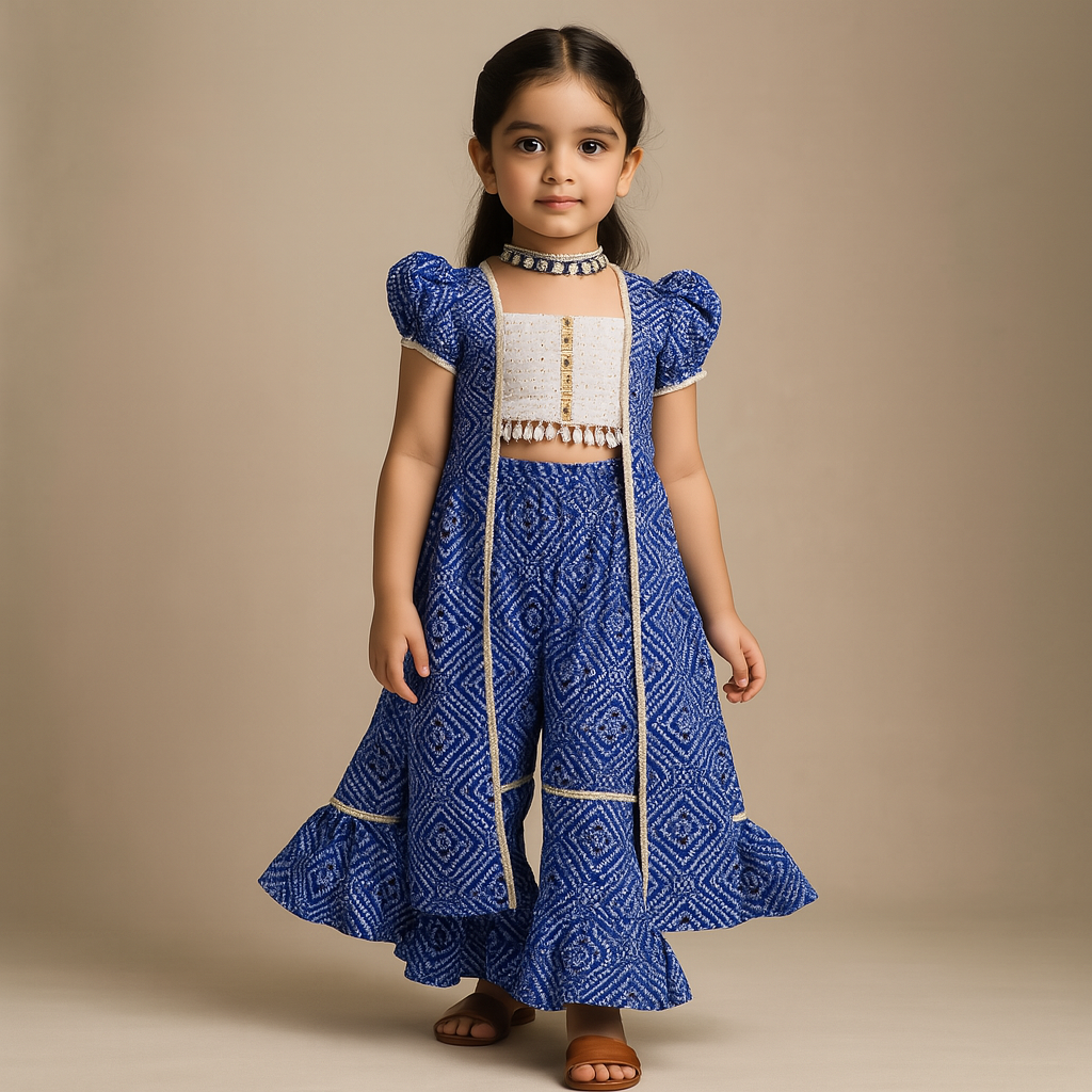 Pre Order: Bandhani Printed Stylish Blue Top And Sharara