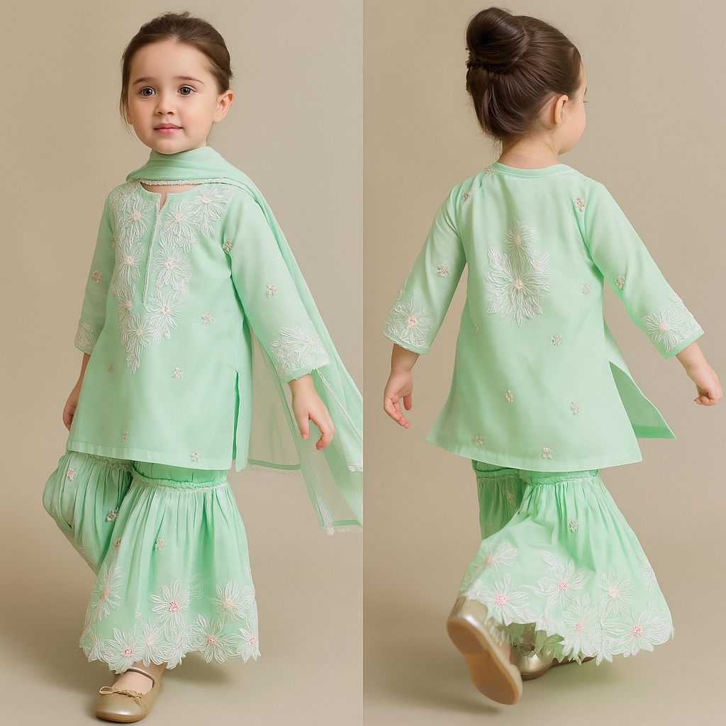 Pre Order: See Blue Front Placket Kurti And Pleated Sharara With Net Dupatta