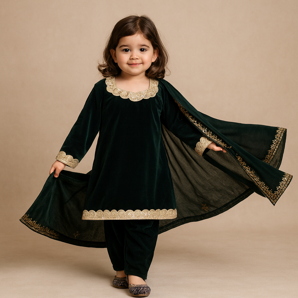 Pre Order: Green Velvet Embroidered Dupatta Suit Set