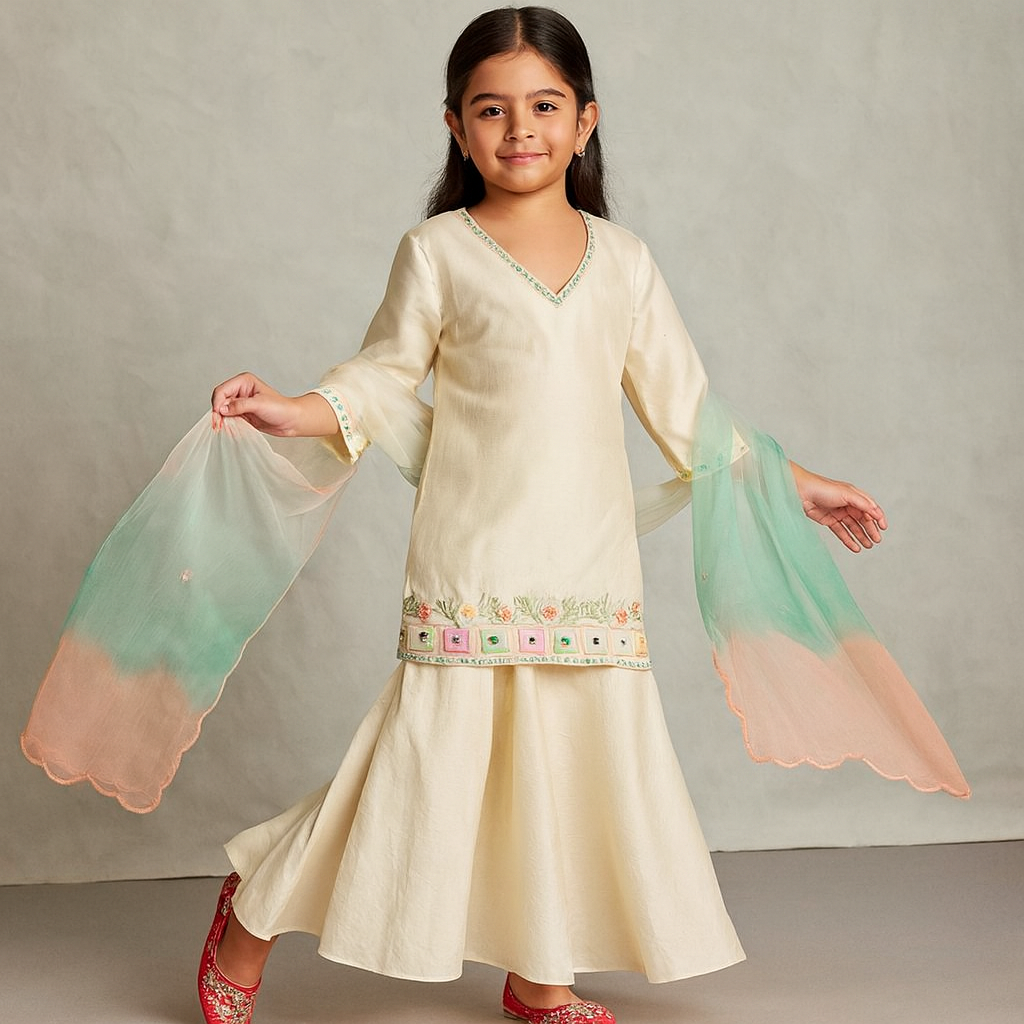 Pre Order: Off White Kurta And Sharara Set