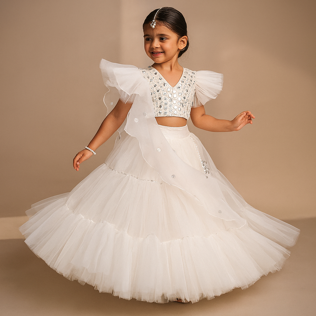 Pre Order: V Neck White Beaded Top And Pearly Tassels Enhanced Tiered Lehenga With Organza Dupatta