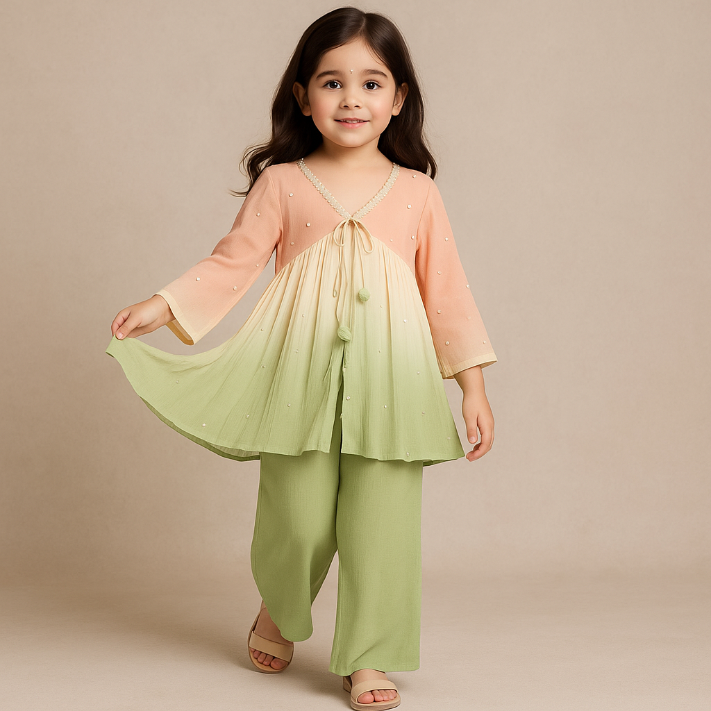 Pre Order: Peach And Green Kurti With palazzo