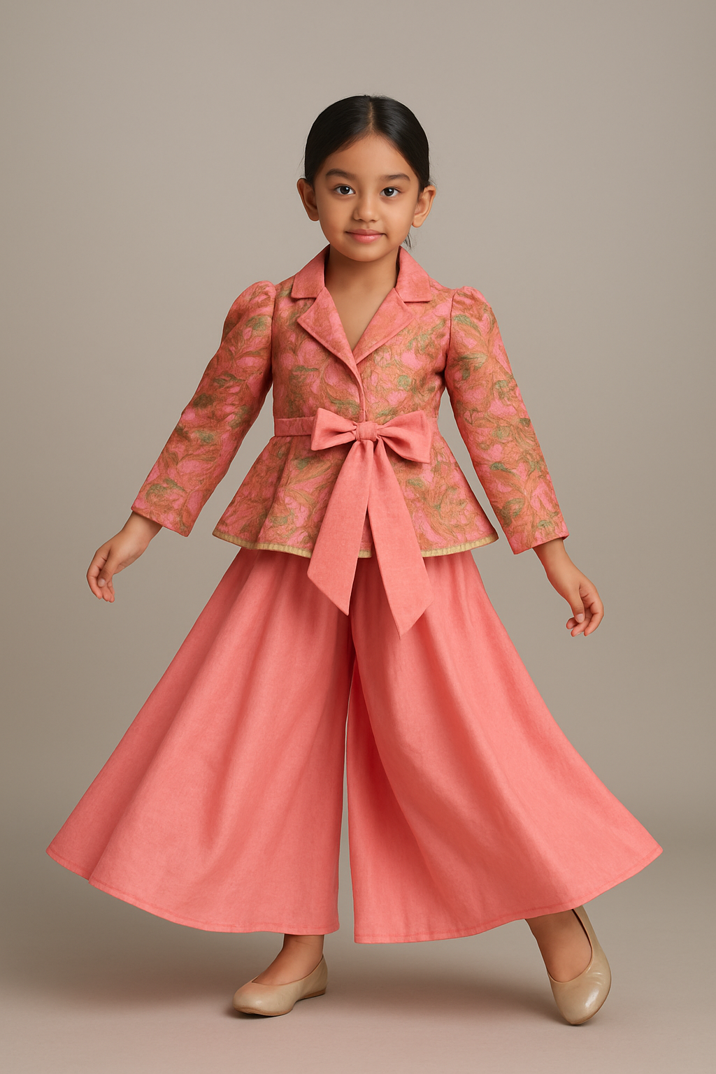 Pre Order: Pink Printed Jacket Style Peplum Top And Flared Palazzo