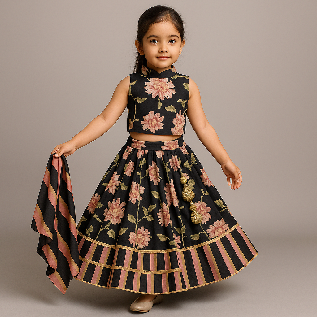 Pre Order: Multicolour Floral Printed Top And Lehenga With Dupatta