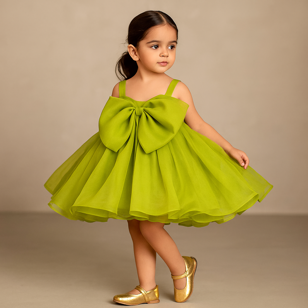 Pre Order: Oversized Bow Organza Green Strappy Dress