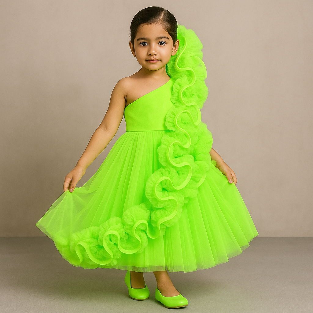 Pre Order: Neon One Shoulder Ruffle Net Gown