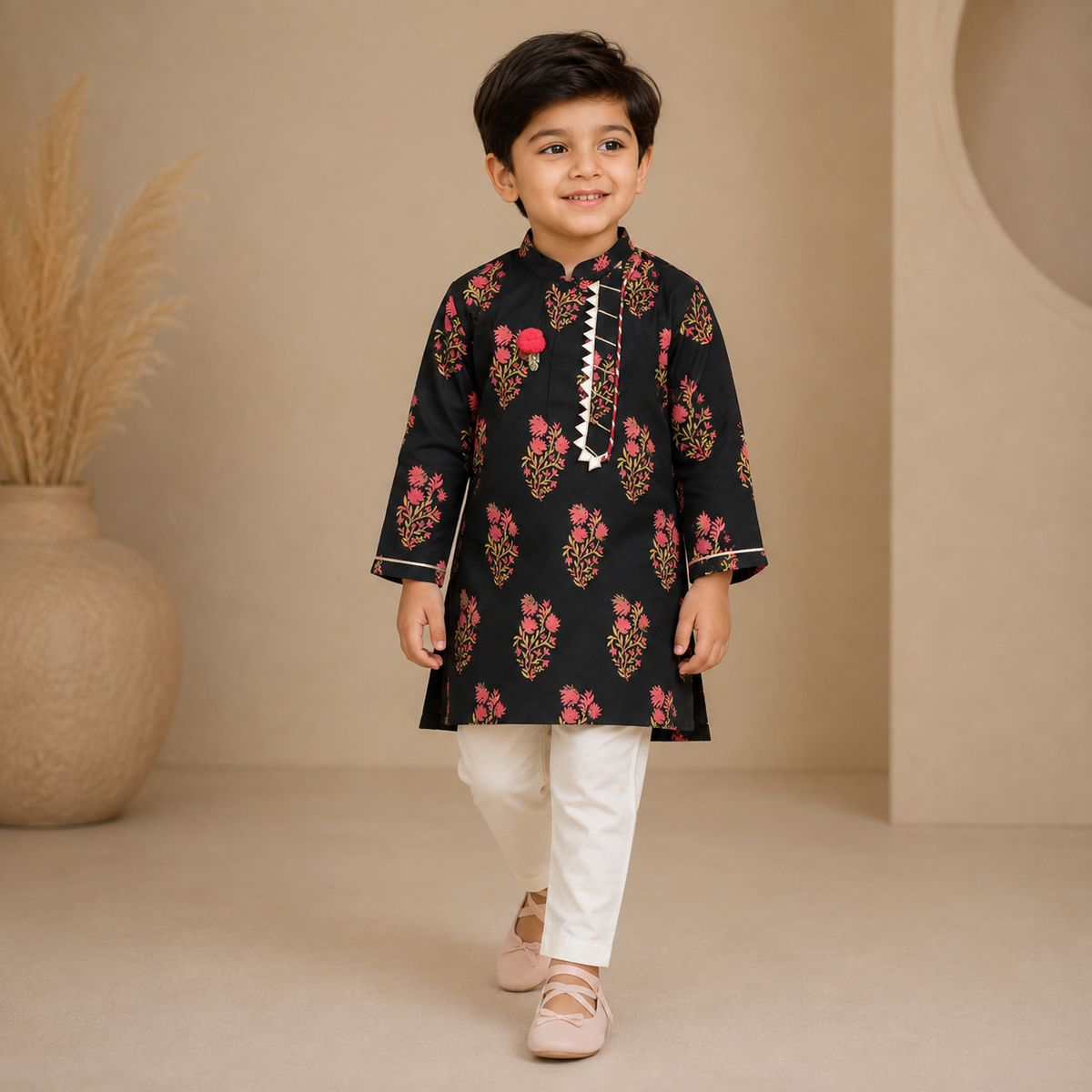 Pre Order: Leaf Adorned Black Floral Printed Kurta And Pyjama