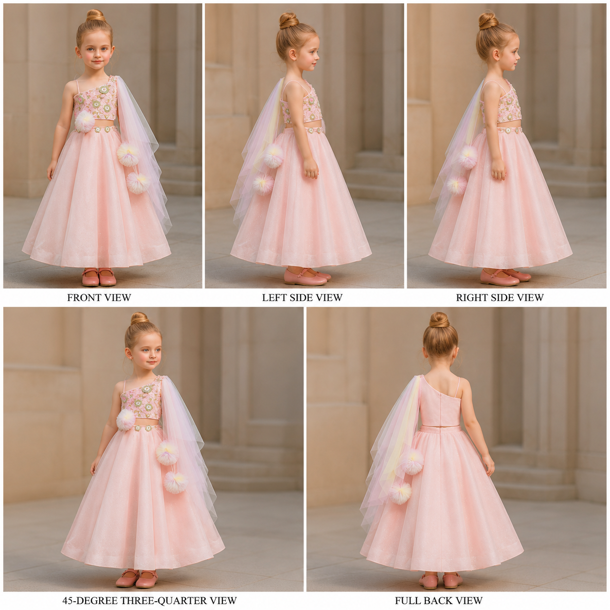 Pre Order: Floral Embroidered One Shoulder Pink Drape Top And Lehenga