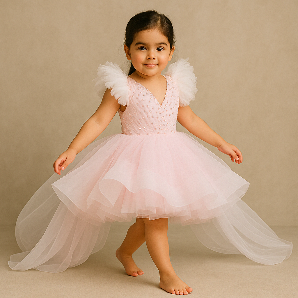 Pre Order: Pleated Yoke Cut-Out Back Pink Dress With Detachable Trail And Matching Headband