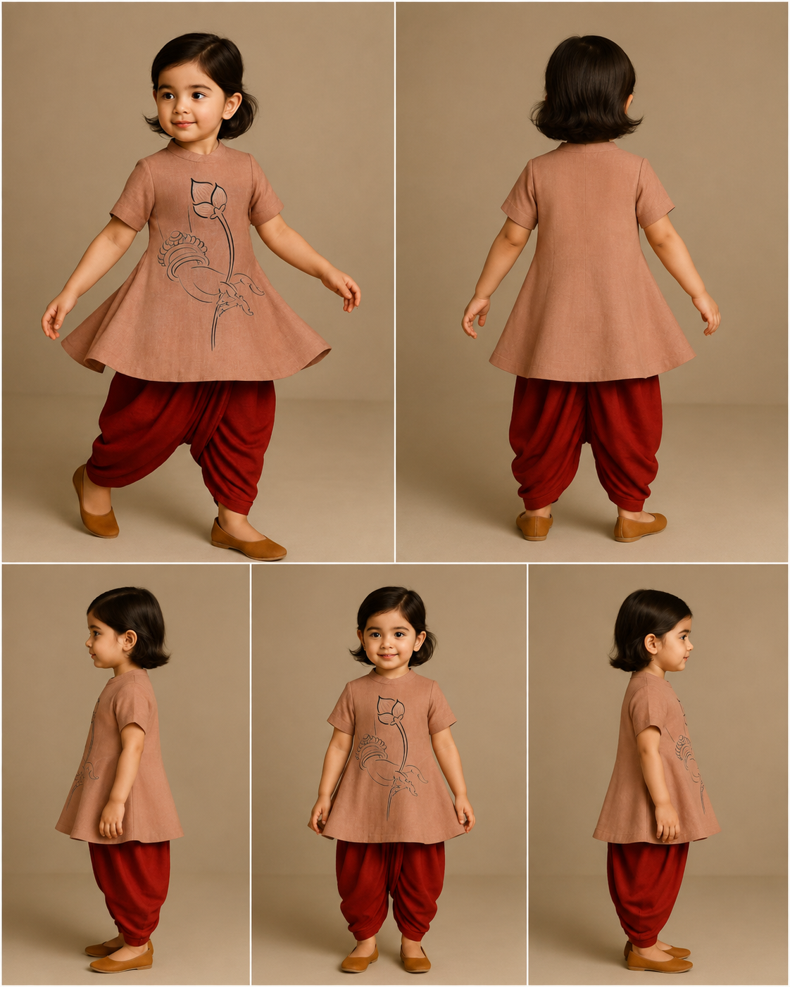 Pre Order: Mata Hands and Lotus Peach Top And Red Dhoti