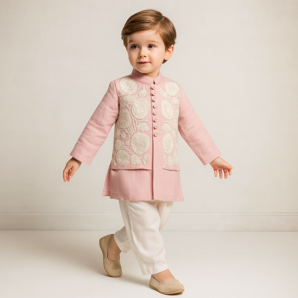 Pre Order: Pink Kurta With Front Open Hand Embroidered Jacket And Pyjama