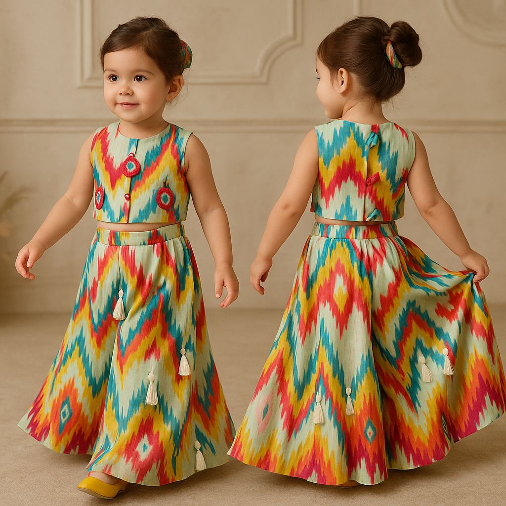Mirror Work Abstract Printed Top And Fringes Detailed Palazzo With Hair Band