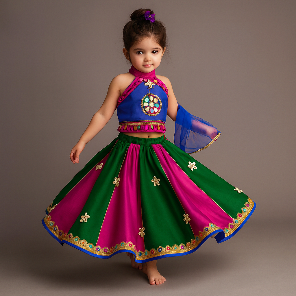 Pre Order: Multicolour Embellished Mirror Work Top With Multicolour Lehenga And Dupatta