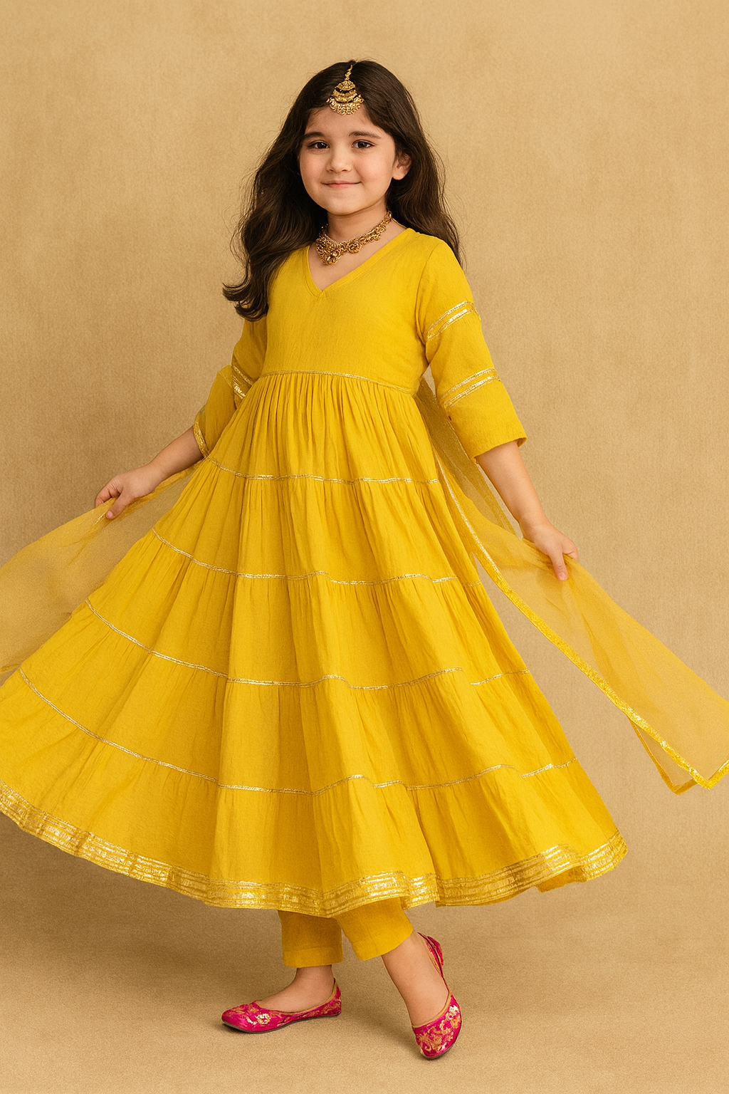 Pre Order: Yellow Anarkali Tiered Suit Set
