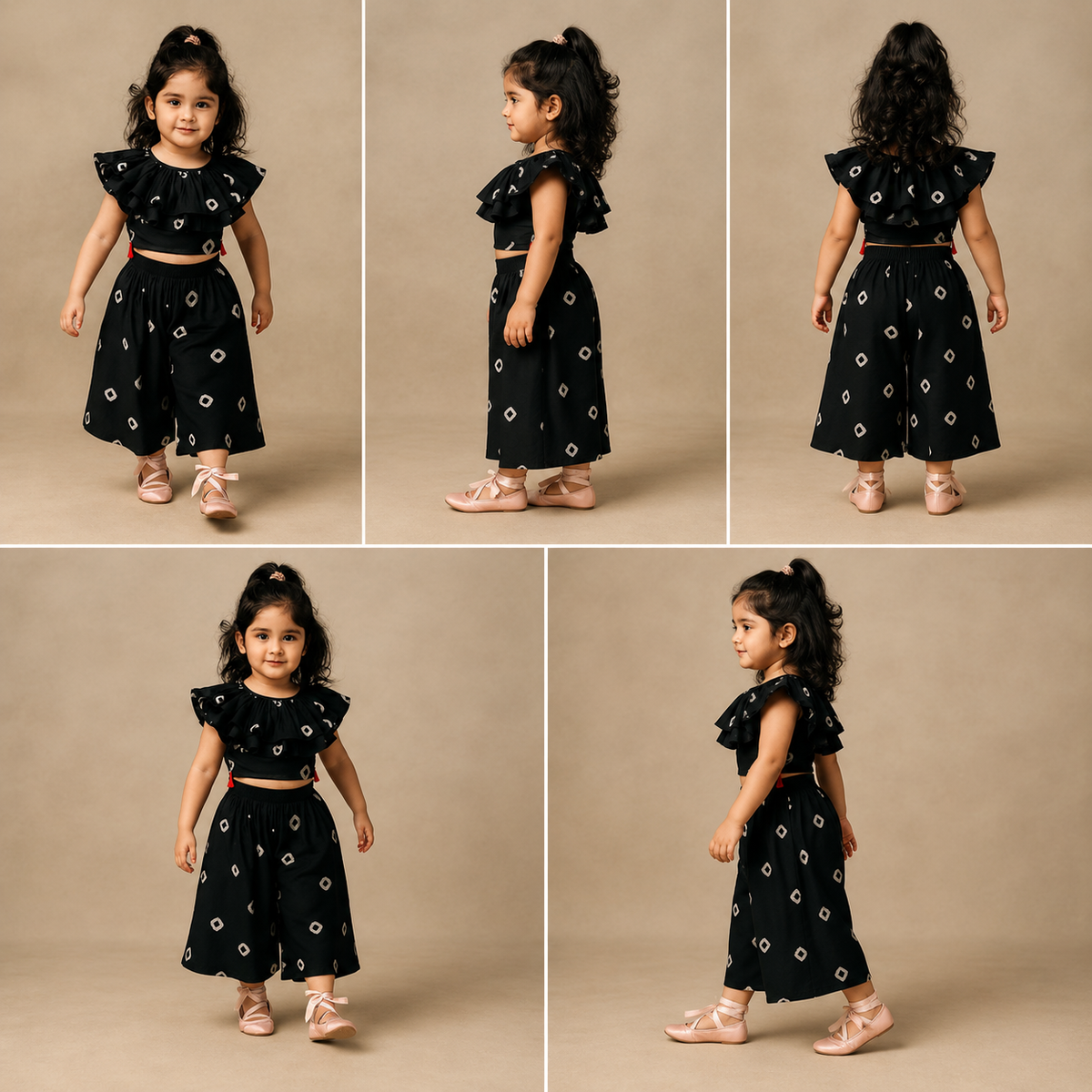 Pre Order: Bandhani Printed Ruffled Black Top With Palazzo