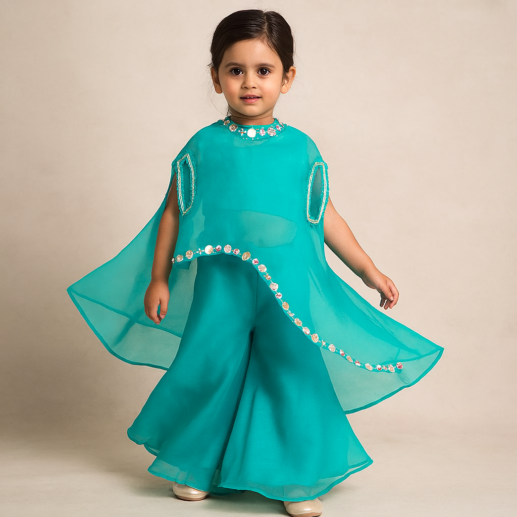 Pre Order: Sky Blue Top With Asymmetric Stylish Cape And Palazzo