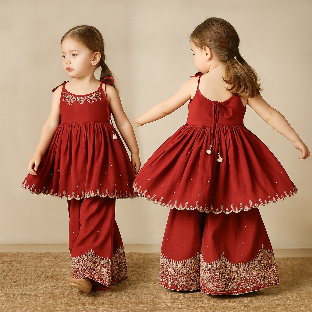 Pre Order: Thread Embroidered Strappy Kurti And Flared Palazzo