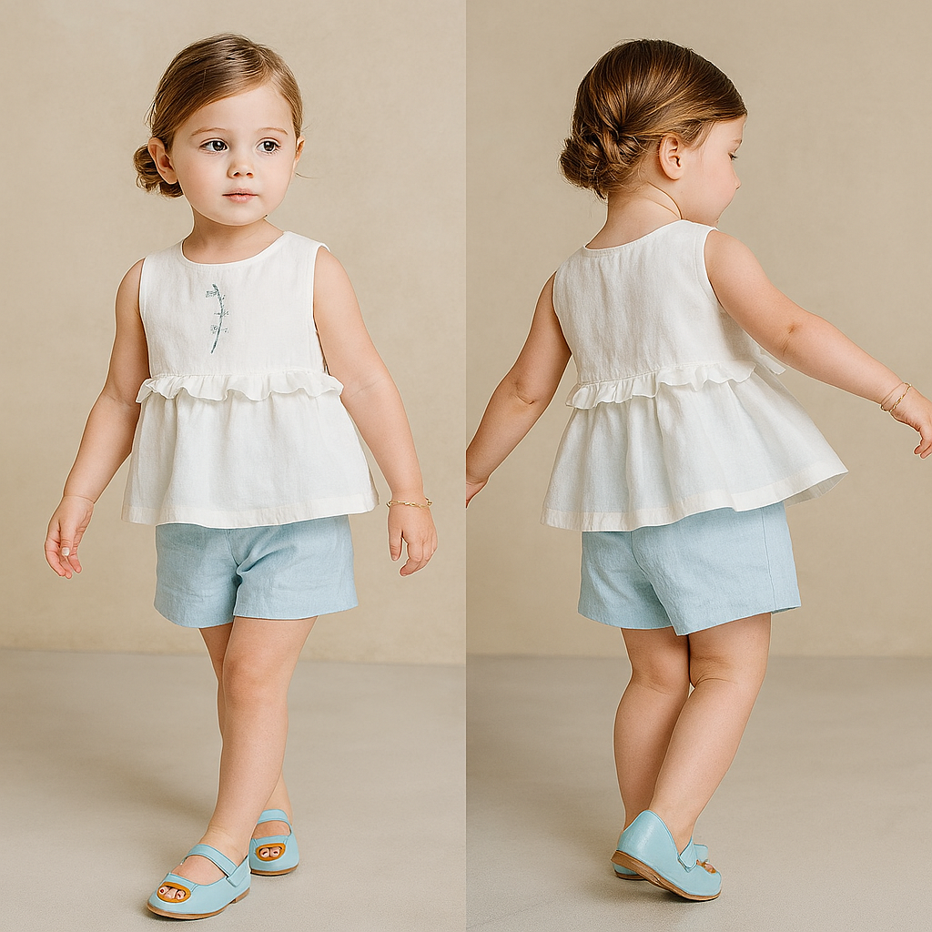 Mini Flower Embroidered Top And Dual Pockets Blue Shorts