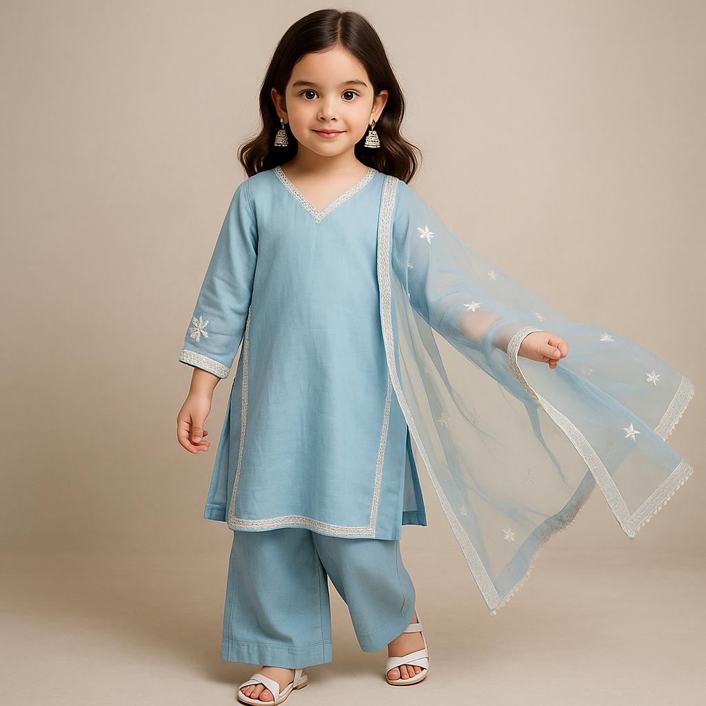 Pre Order: Blue Kurta Lace Detailing Suit Set